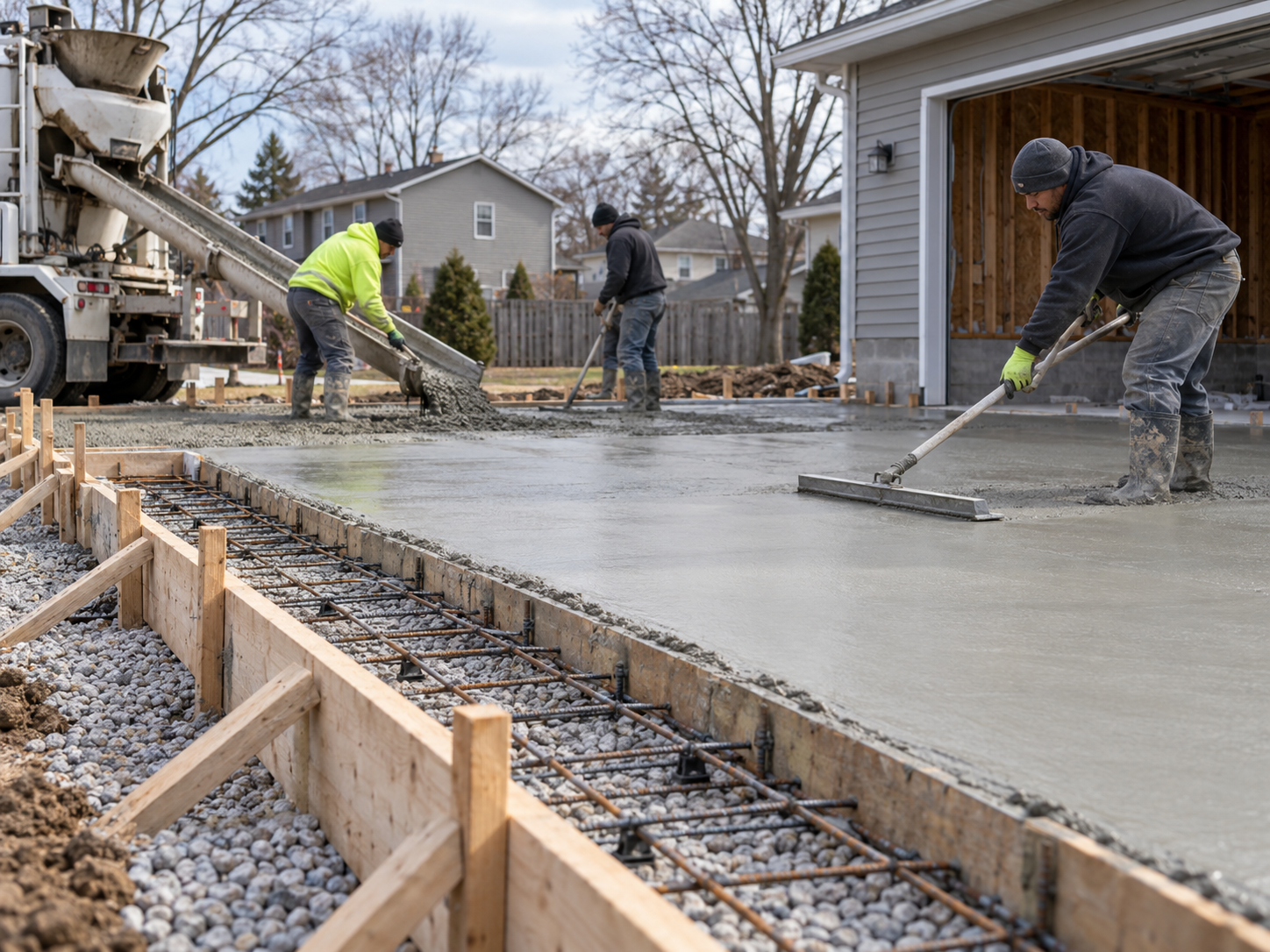 A newly poured concrete driveway stretches between two houses under a clear blue sky, framed by green grass and a tree